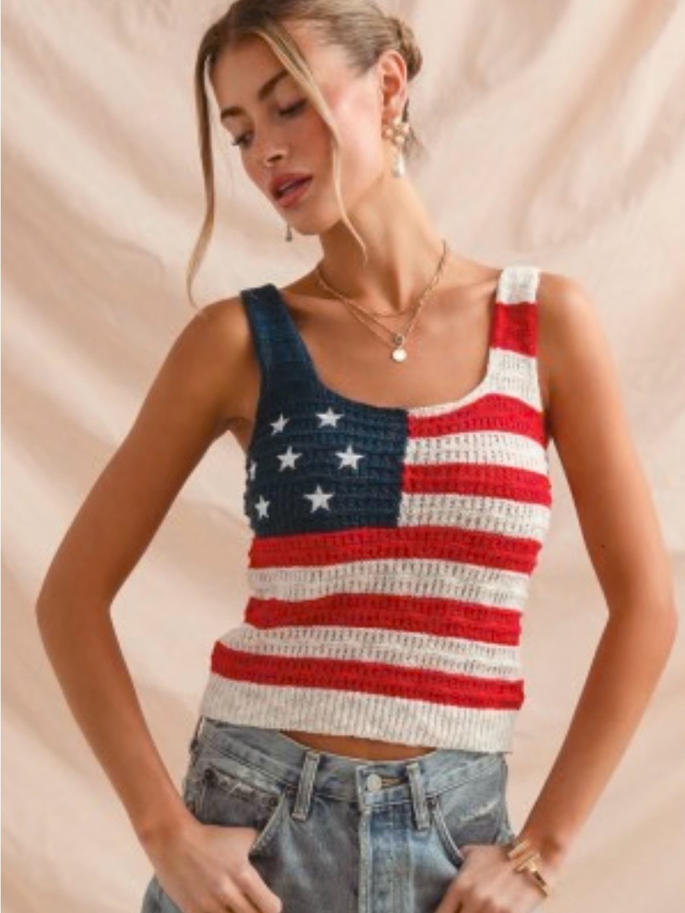 Francesca’s Sleeveless American Flag Crochet Tank Top Red, White & Blue large